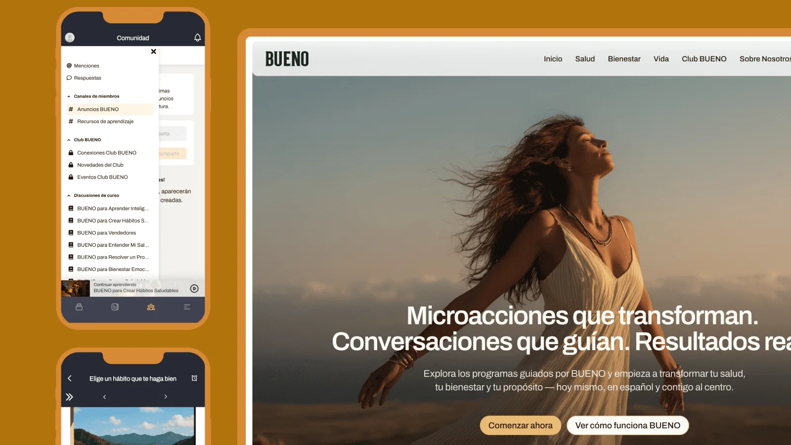 BUENO website and mobile community app screens