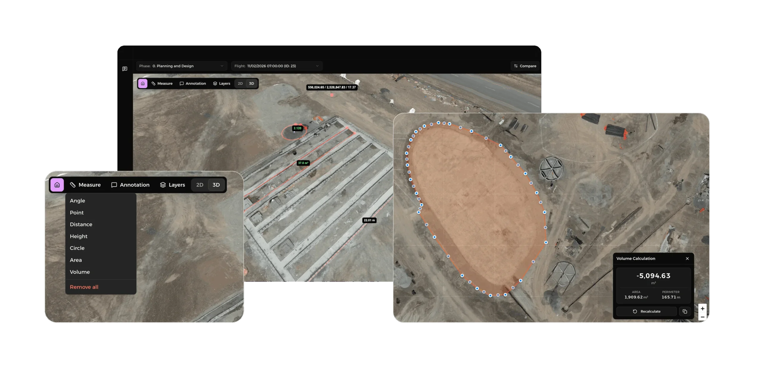 Measurement tools and an earthwork volume calculation over drone orthomosaics in the platform