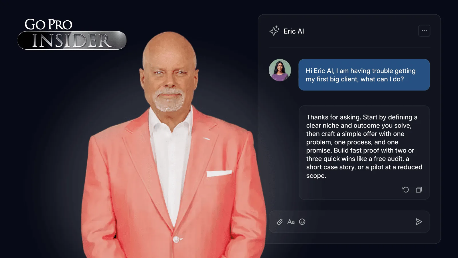 Eric AI avatar next to its chat interface answering a question about winning a first big client