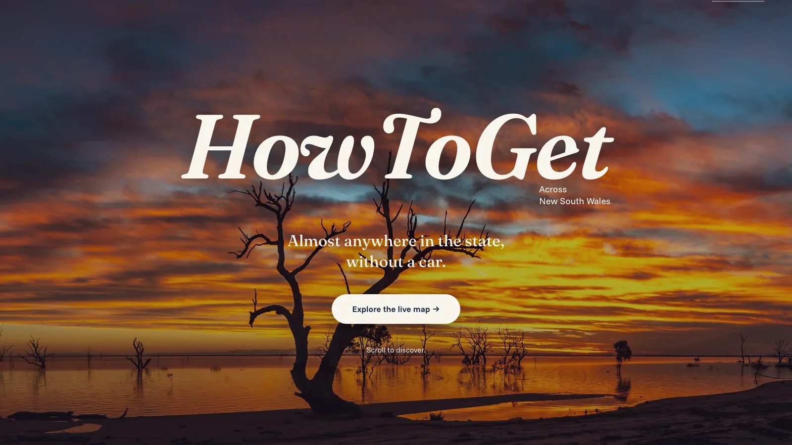 HowToGet landing page: the wordmark over a sunset lake with the tagline “Almost anywhere in the state, without a car” and a button to explore the live map
