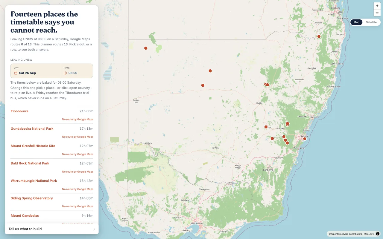HowToGet live map of New South Wales listing fourteen destinations the timetable reaches, with journey times, that Google Maps cannot route to