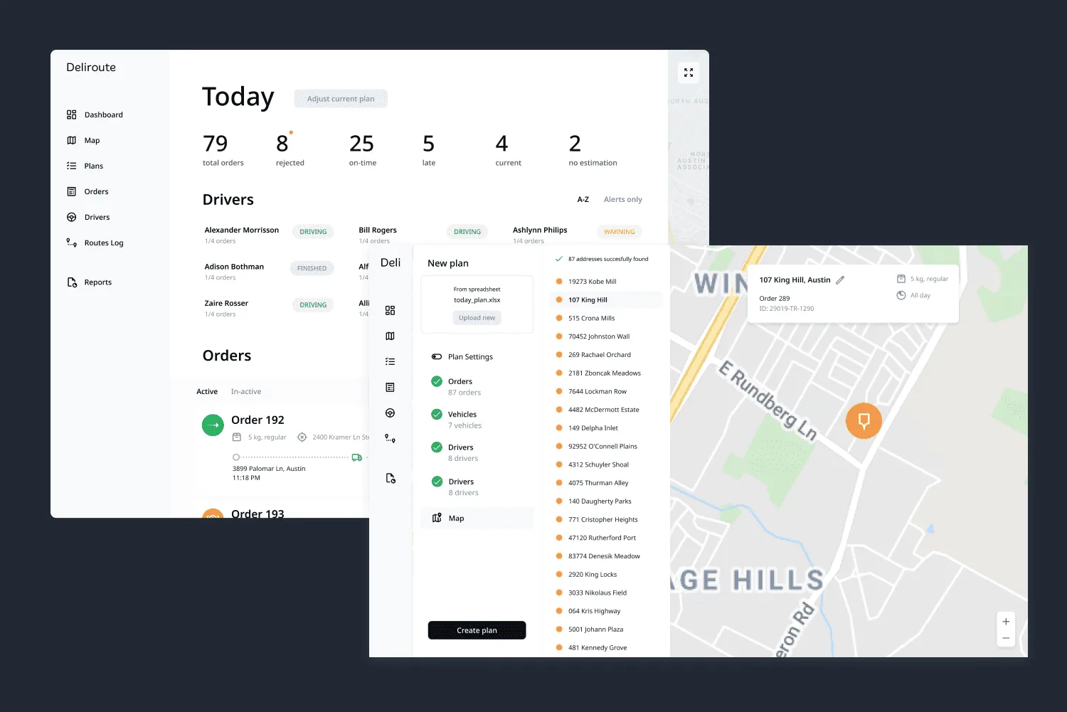 Delivery planner dashboard with driver status, orders and a route map
