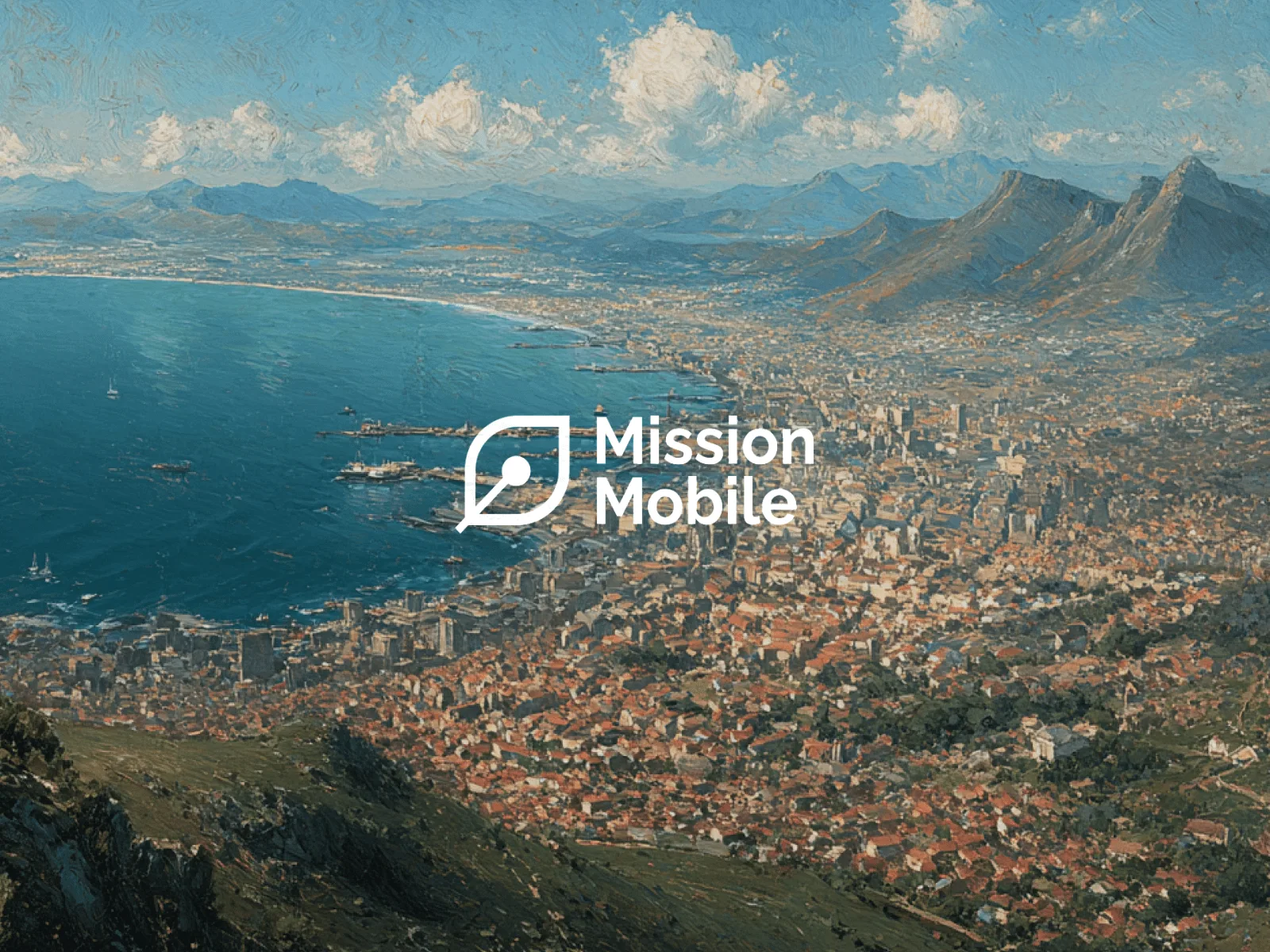 Mission Mobile logo over a painted view of a coastal city