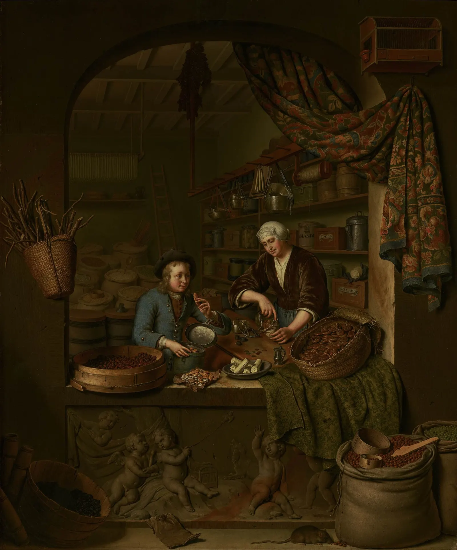 Painting of a shopkeeper weighing sweets for a boy across a grocery counter